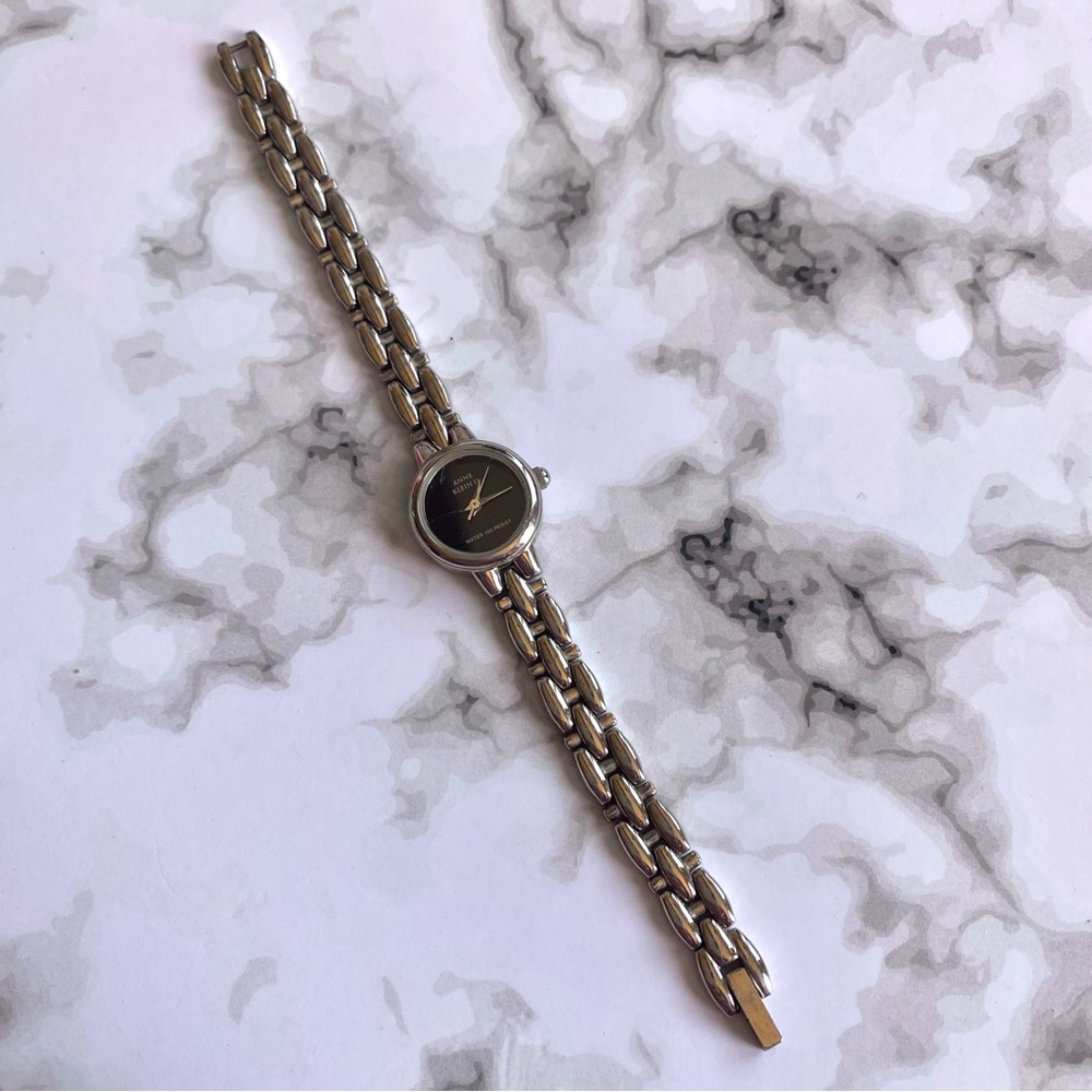 Vintage Anne Klein Classic Silver Metal Link Skinny Band with Black Watch